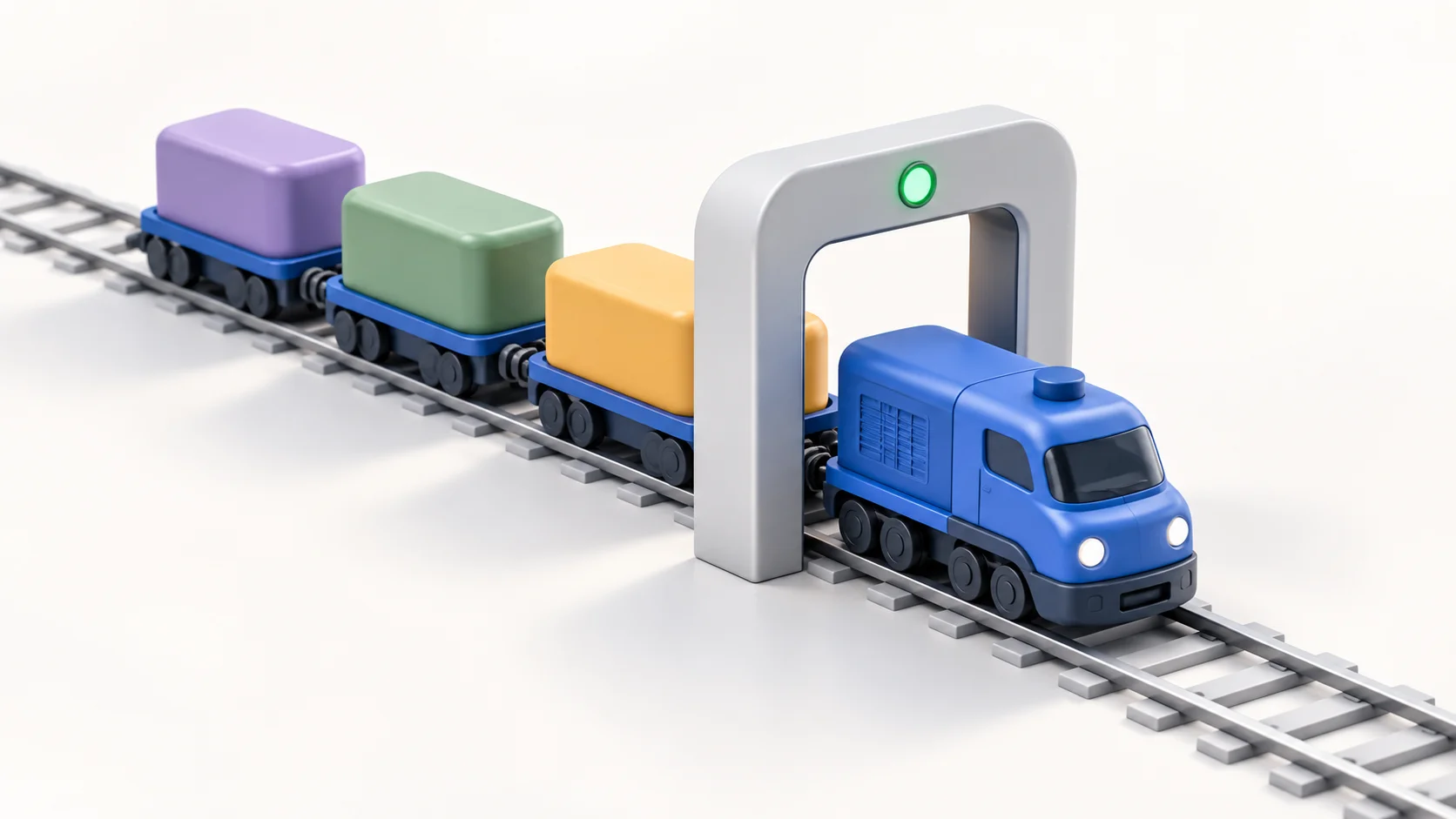 A blue train carrying three differently colored work modules through a shared validation gate