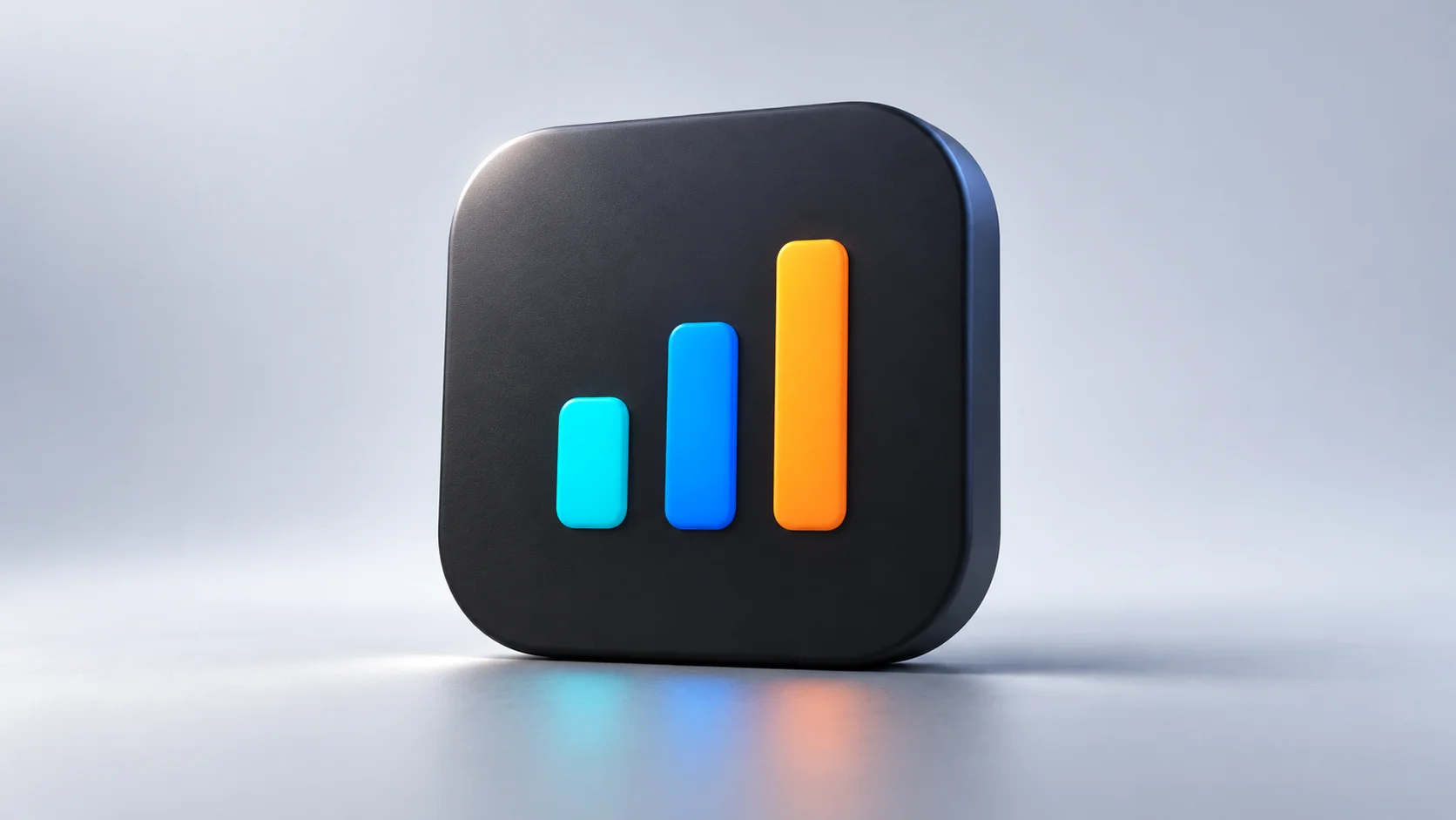 Illustration of the Whir icon as a charcoal tile with ascending cyan, blue, and orange bars